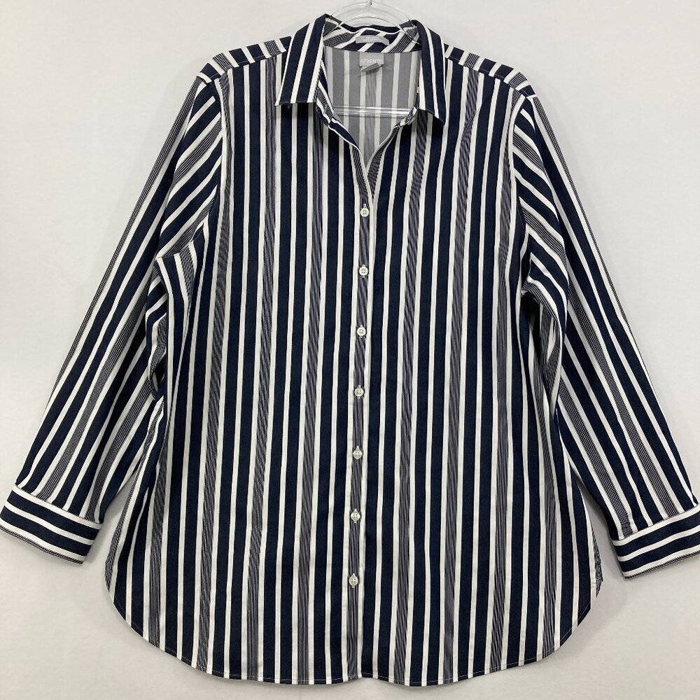 Chico's size 16 Gray White Striped Preppy Long Sleeve‎ Button Down Office Career